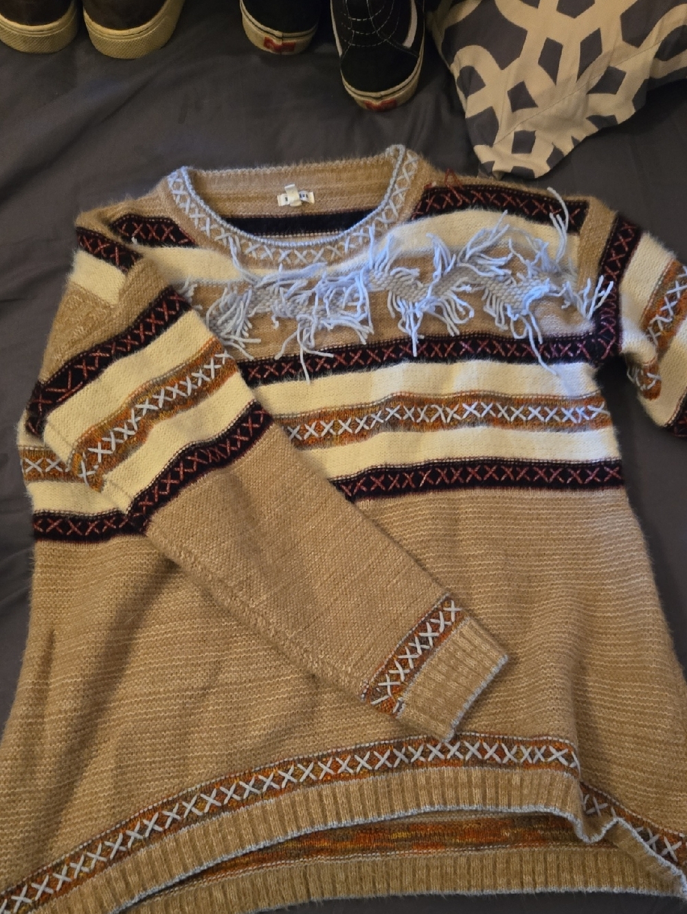 Men's Tan Striped Fringe Crewneck Sweater